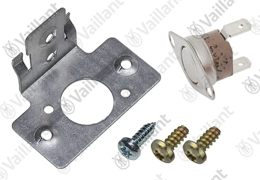 Vaillant Sensor-Set bestehend aus einem Metallhalter, einem Temperatursensor und verschiedenen Schrauben zur Befestigung.